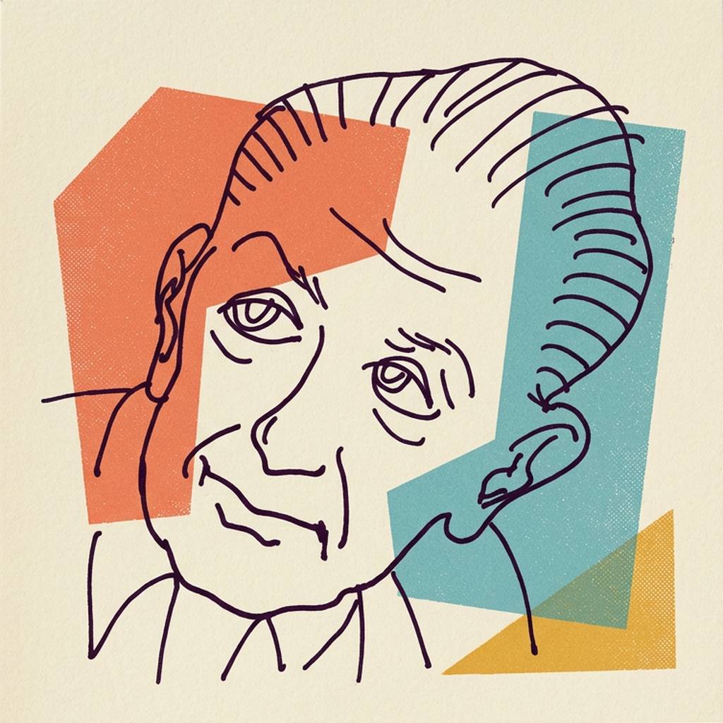 Handritat porträtt av Karl Popper i turkosa och korallfärgade tryckformer